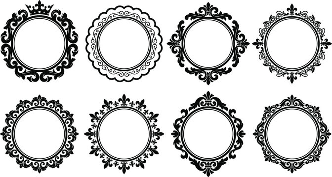 Black Vintage Round Frame Vector Set with Baroque Filigree Royal Crown Fleur De Lis and Rococo Circular Borders for Elegant Logo Designs