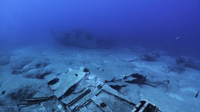 shipwreck scenery underwater ship wreck deep blue water ocean scenery of metal underwater scuba divers to explore