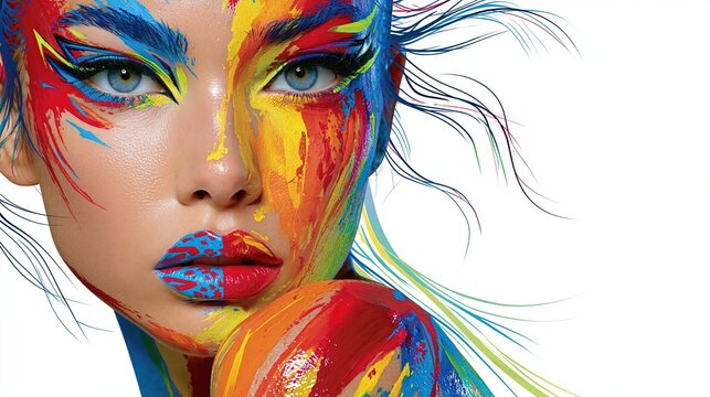 Direct gaze portrait combining bold blue red and yellow facial paint with graphic eye makeup and glossy multicolored lips while loose hair trails outward Theme of vibrant visual identity