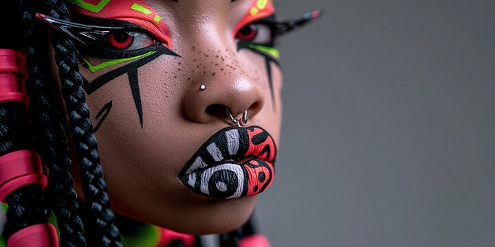 Close-up portrait of a dark skinned face with braided hair vivid pink green and black graphic makeup and patterned lips with copy space Concept of bold self expression