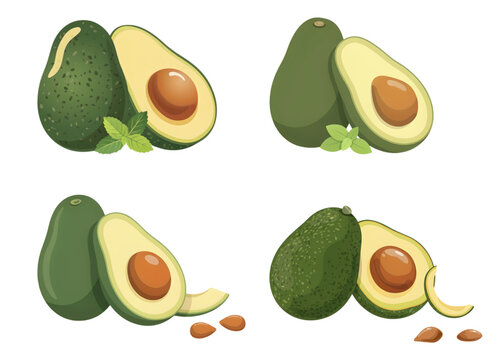 Fresh avocados cut in half showing creamy inside with seeds isolated transparent background