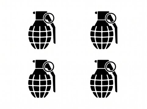 Four black grenade icons arranged in a grid on a white background representing danger and conflict