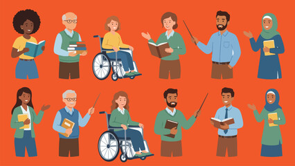 Fototapeta premium Diverse Teacher Vector Set People Holding Books Pointing Board Education Professional Character Illustration