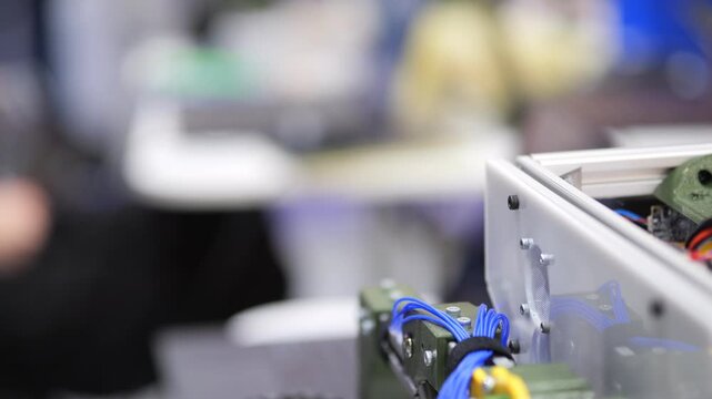 Close-up of electronic equipment with blue wires in factory setting. Background shows blurred workers and machinery. Focus on technical components and industrial environment