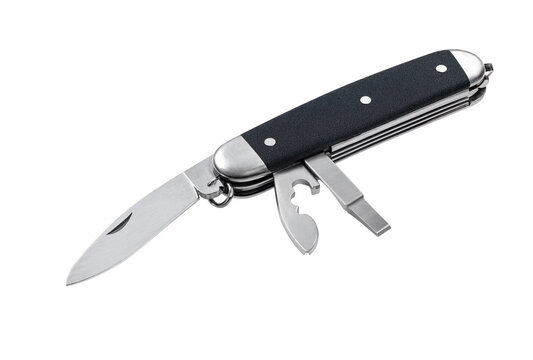Black handled multi-tool pocket knife with metallic blades and tools deployed
