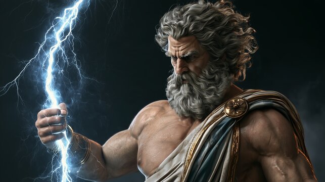 Zeus holds a lightning bolt in his hand while surrounded by dark clouds