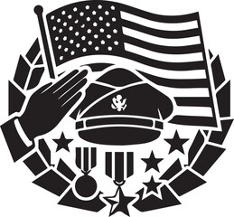 Fototapeta premium An illustration featuring a saluting hand, an American flag, military cap, and service medals