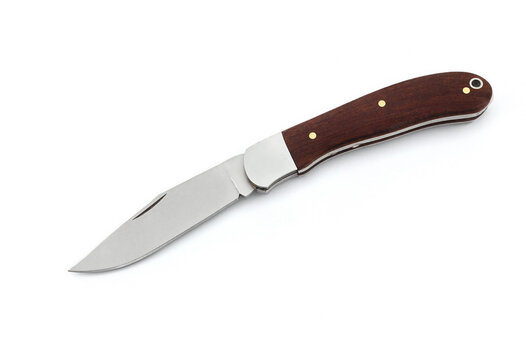 Brown wood handled single blade folding pocket knife in open position with wooden handle