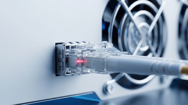 Extreme Close Up of Clear Optical Patch Connector Plugged into Server Port Beside High Speed Cooling Fan Grill, High Bandwidth Fiber Optic Telecommunication Concept, Perfect for IT Hardware and ISP Ad