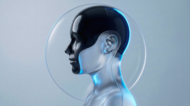 A sleek 3D render of a humanoid robot head in profile, finished in glossy black and chrome with blue accent lighting, set against a transparent glass ring