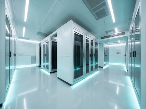 Wide Angle Interior of Modern Cleanroom Data Center with White Server Pod Enclosures and Glowing Cyan Base Lighting, Next Generation AI Computing and Cloud Data Facility Concept, Perfect for High Tech