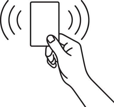 Hand holding a blank rectangular card with wireless signal waves, black and white line icon also transparent background