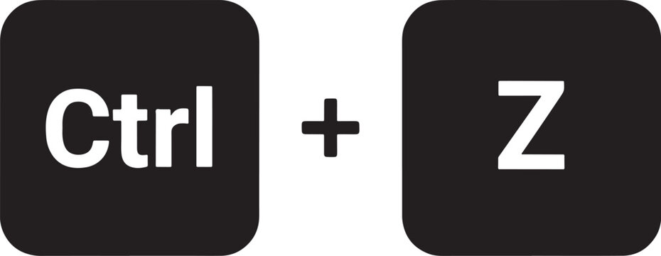 Keyboard shortcut icon showing ctrl and z keys with a plus sign, black rounded square buttons with white text for undo command, symbol also transparent background