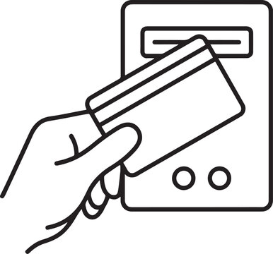 Line icon of a human hand inserting a rectangular credit card into a payment terminal or card reader slot, isolated on white background, also transparent background