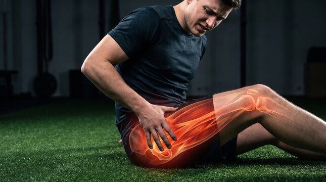 Athletic man sitting on turf holding his hip in pain with a glowing anatomical overlay of the pelvic and leg bones