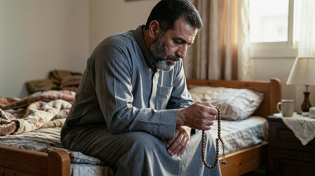 Pensive Middle Eastern Man Holding Prayer Beads Sitting on Edge of Bed in Bedroom During Morning Contemplation