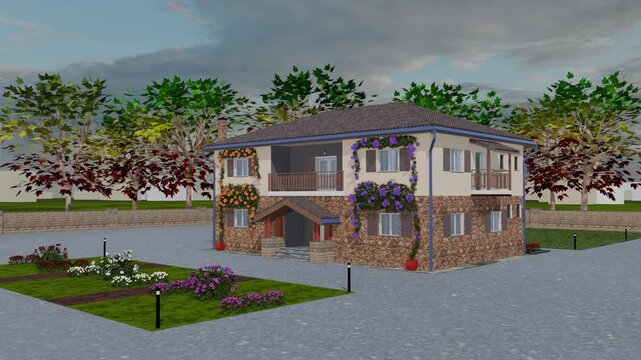 Loop  animation in the trees, architectural rendering of an urban single-family house