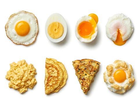Collection of Cooked Eggs. For breakfast menus, brunch dishes, home cooking, culinary education, recipe development, nutrition content, meal planning, restaurant menus, food packaging, and cooking