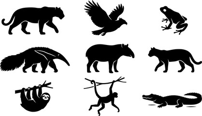 Fototapeta premium Rainforest Canopy Animals Silhouette Collection Jaguar Harpy Eagle Poison Dart Frog Giant Anteater Tapir Ocelot Sloth Spider Monkey Caiman Minimal Flat Vector