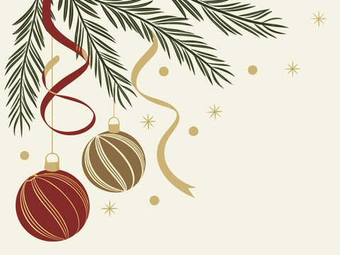Christmas holiday background with hanging baubles and pine branch