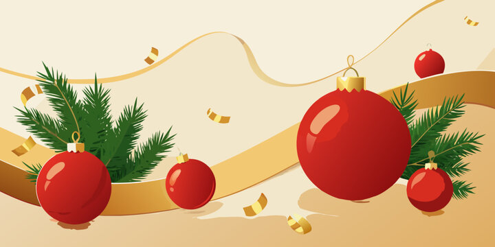 Christmas banner background with red baubles and pine branches
