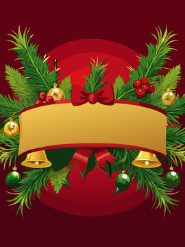 Christmas Holiday Banner with Pine Branches and Gold Bells Illustration