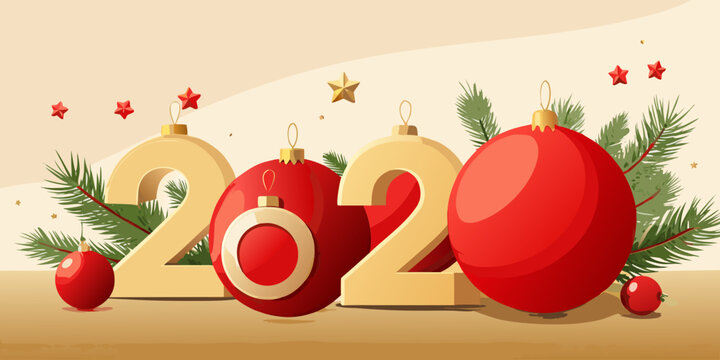 New Year 2020 Celebration Banner with Christmas Baubles and Pine