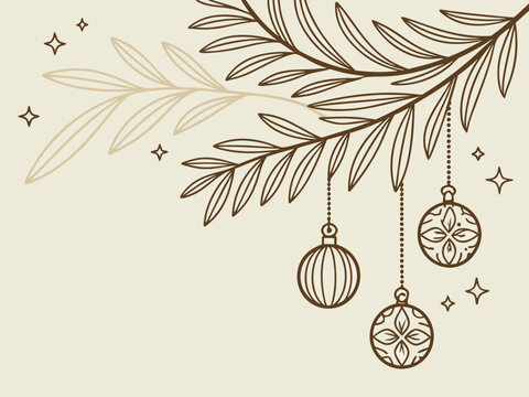 Line art Christmas tree branch with hanging holiday ornaments