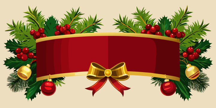 Christmas Ribbon Banner with Pine Branches and Holiday Ornaments