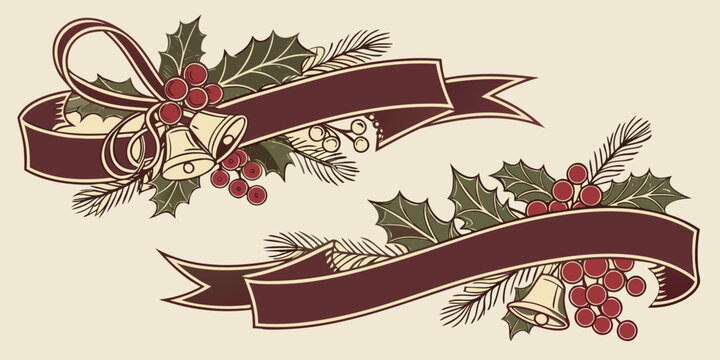 Vintage Christmas Ribbons and Banners with Holly and Bells