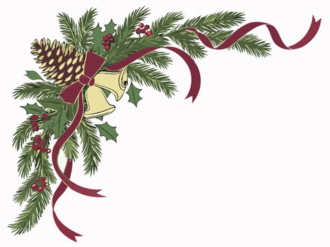 Vintage Christmas Corner Decoration with Pine Branches and Bells