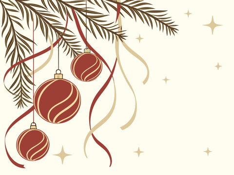 Vintage Christmas background with pine branches and hanging baubles