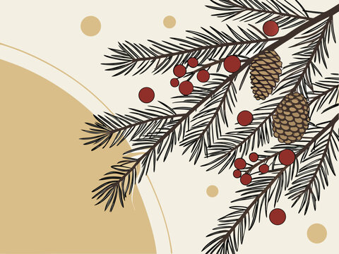 Winter Pine Branch with Cones and Berries Vector Illustration