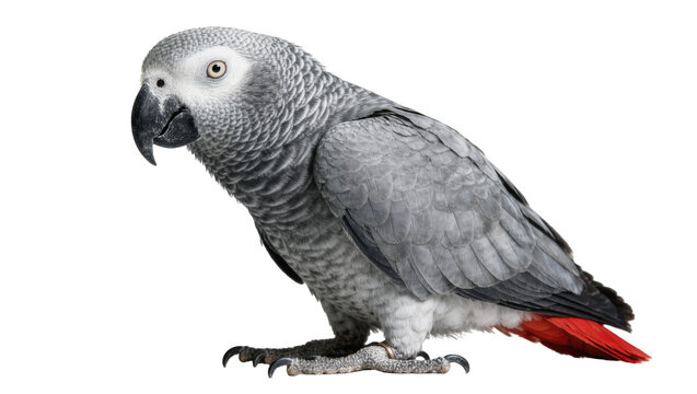 African Grey parrot with bright red tail feathers, isolated on transparent background