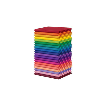 A stack of folded colorful fabric squares arranged in a spectrum gradient isolated on white background