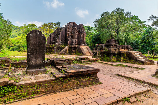A view of Hindu temple ruins at the My Sơn Sanctuary in Quang Nam Province, Vietnam on a bright sunny day