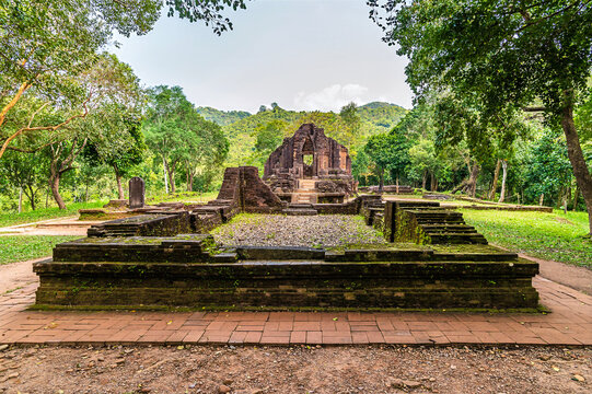 A view across Hindu temple ruins at the My Sơn Sanctuary in Quang Nam Province, Vietnam on a bright sunny day