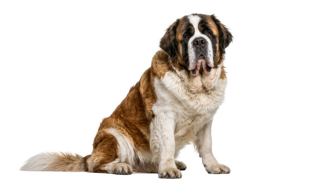 Majestic Saint Bernard dog with brown and white fur, sitting calmly isolated on transparent background