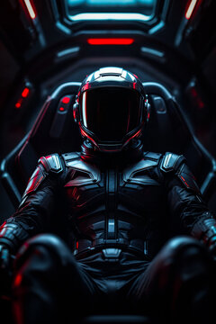 Futuristic pilot in a black helmet and armored suit seated in a dark cockpit with red lights