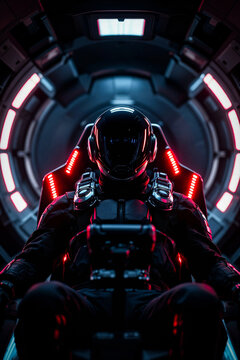 Futuristic pilot in a dark helmet seated in a circular spaceship corridor with glowing red lights