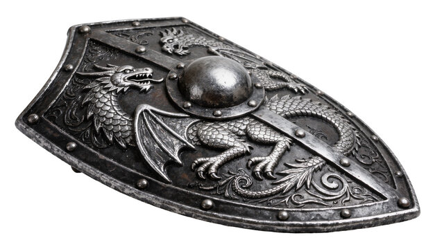 Ornate medieval shield with dragon motif and central boss, isolated on transparent background