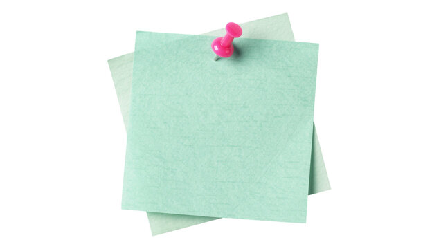 Stack of two light green paper notes pinned together with a pink pushpin, isolated on transparent background