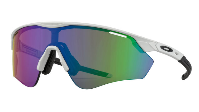White Oakley sport sunglasses with mirrored rainbow lenses, isolated on transparent background