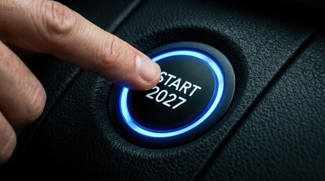 Happy new year 2027 concept with finger pressing start button