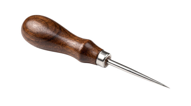 Traditional leatherworking awl with a polished hardwood handle and precision metal shaft, presented diagonally to emphasize its handcrafted construction. Isolated on White background.