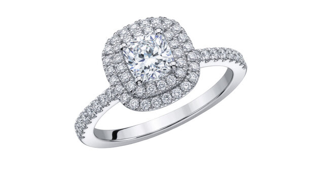 Cushion cut diamond engagement ring with double halo, isolated on transparent background