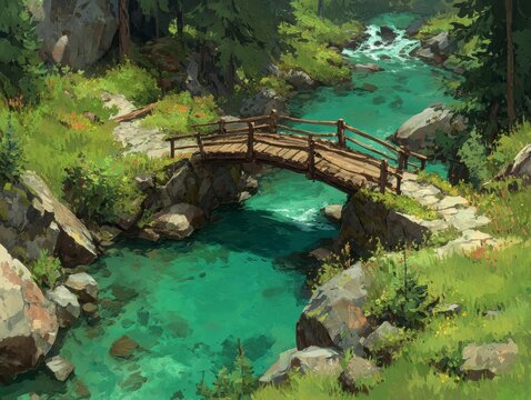 Tranquil Forest Stream with Wooden Bridge Over Clear Blue Water
