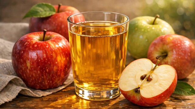 Glass of Golden Apple Cider and Fresh Red Apples on a Rustic Surface