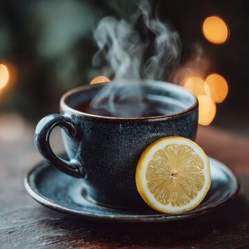 Warm Cup of Tea with Lemon Slice on Wooden Table in Cozy Setting