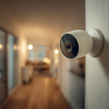 Indoor Security Camera Mounted on Wall in Modern Home Setting